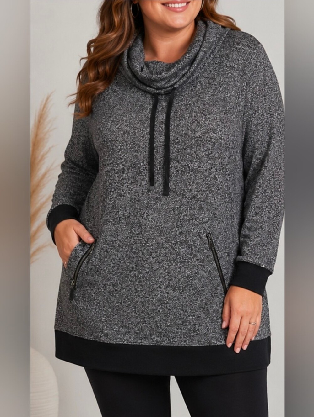 Sejour Heathered Gray Cowl Neck Sweater with Zip Pockets Womens 1X